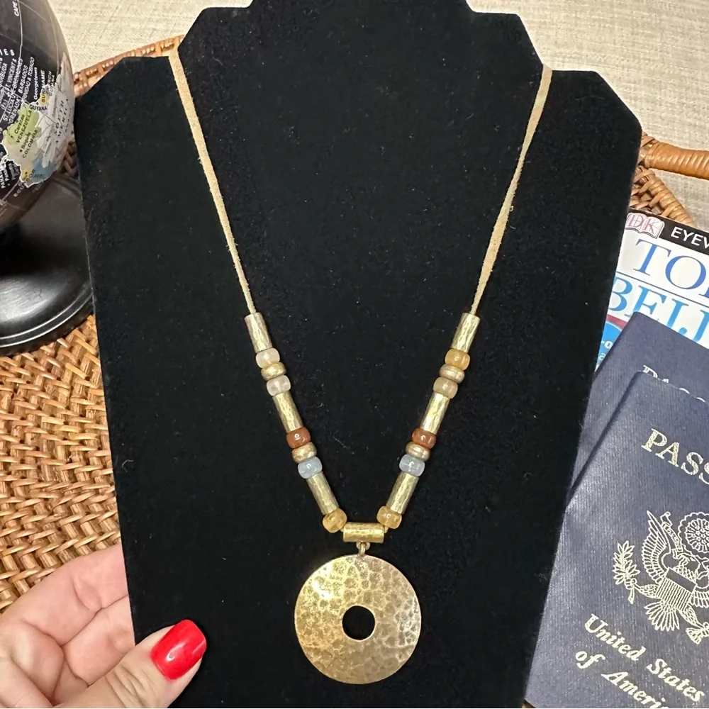 Boho Beaded Round Hammered Medallion Leather Necklace
